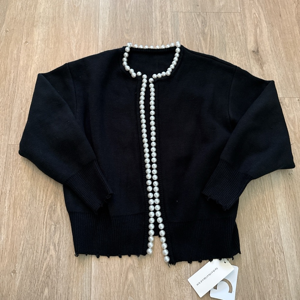 NWT Commense Black Cardigan with Pearl Trim Small